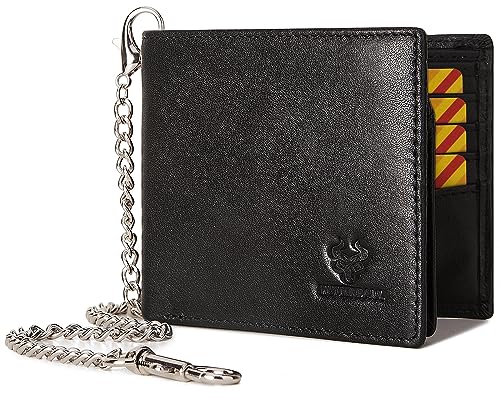 HUMERPAUL Mens Wallet with Chain, RFID Blocking Genuine Leather Bifold Wallet Minimalist With 2 ID Window (Black)