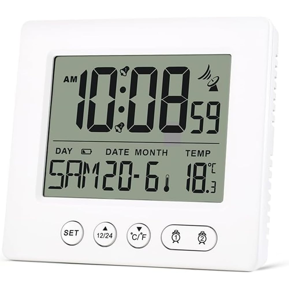 Vjsujehgy Temperature Display Digital Radio Alarm Clock with 2 Alarm Times, Automatic Time Function, 5-Minute Snooze Feature