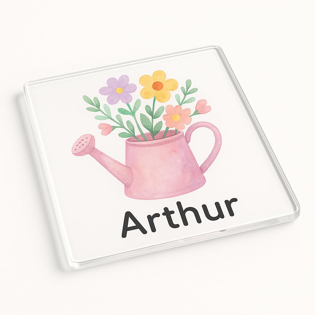 The Plum Penguin Whimsy Bloom Personalised Name Acrylic Coaster Gift Featuring Whimsical Watering Can - Kids Party Favor Delightful Table Decor