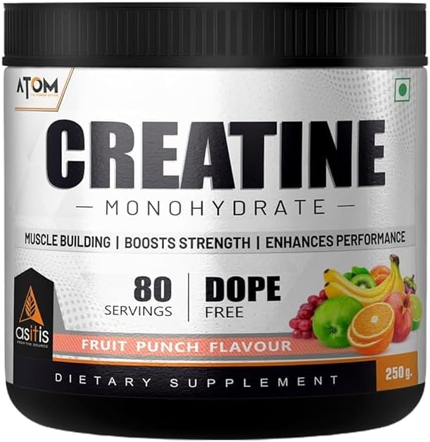AS-IT-IS ATOM Creatine Monohydrate 250g, Fruit Punch, Dope Free, Enhances Performance, Promotes Muscle gains