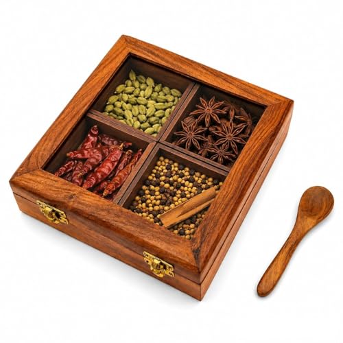 Image of Shesham Wood Masala Box with Glass Lid & Wooden Spoon | 4 Compartments Spice Storage | Handmade Masala Dabba for Kitchen | Wooden Spice Box Container for Dry Fruits & Condiments