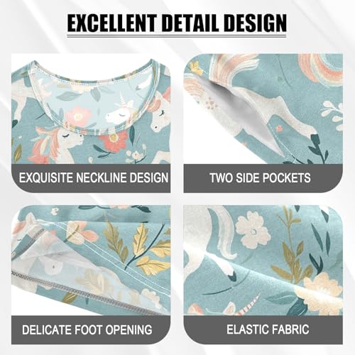 ALAZA Flower Unicorn Cartoon Floral Pajamas Set Short Sleeve Cotton Sleepwear Summer Pjs 2 Piece 5-14Y4