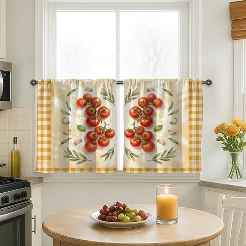 Tomatoes Kitchen Curtains, Farmhouse Rustic Garlic Leaf Summer Yellow Light Filtering Kitchen Curtains Window Decoration for Sink Area Dining Room Bathroom 24x26 Inch