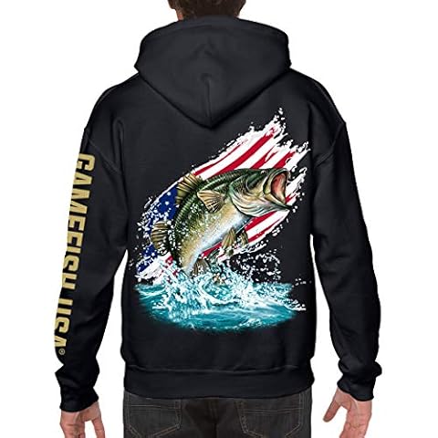 GAMEFISH USA Pullover Fleece Hooded Fishing Sweatshirt Bass Fishing Hoodie American Flag Black Cover