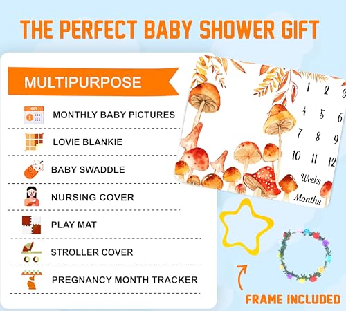 Image of Mushroom Theme Baby Monthly Milestone Blanket, Soft Flannel Watercolor Spring Tropical Eucalyptus Leaves Botanical Photography Prop Newborn Baby Shower Age Growth Tracker (Orange, 48x48in)