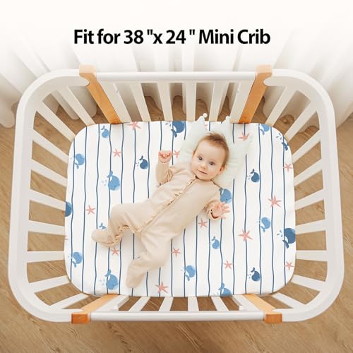 Image of Baby Mini Crib Sheets Boy, Portable 38 inchx26 inch Pack and Play Sheets Fitted for Playard and Pack N Play Mattress, 3-Pack Soft Microfiber Blue Ocean Whale