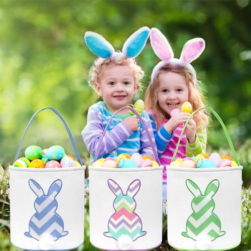 Image of Easter Bunny Baskets, Easter Egg Hunt Bunny Bags Little Baskets with Fluffy Tail Canvas Cotton Rabbit Handbag Bucket Tote Bag for Kids Girls (Wave Pattern,Blue)
