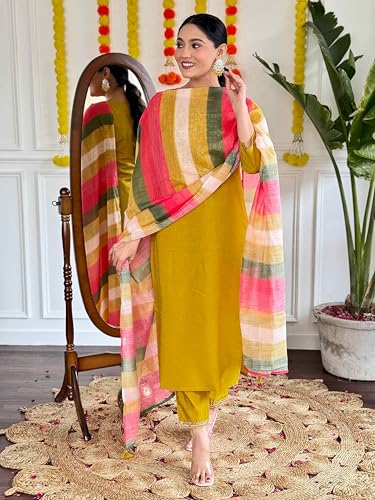 Image of Shiv Textiles Chanderi Solid Regular Kurta Sets for Women (JDA-ZIA-MUSTURD-S