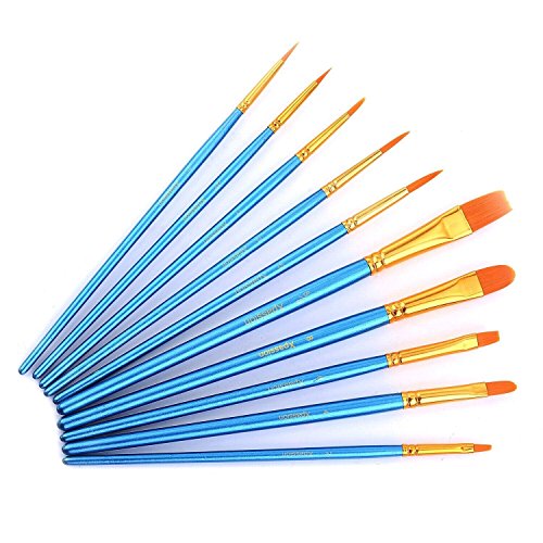 Xpassion 画材筆 ペイント ブラシ アクリル筆 水彩筆 油絵筆 丸筆 平型筆 短毛筆 10本セット （ブルー）