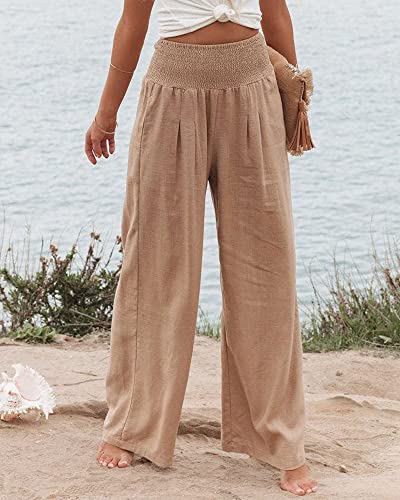 Women Linen Pants Elastic High Waist Wide Leg Palazzo Lounge Pants Casual Loose Beach Pants with Pockets2