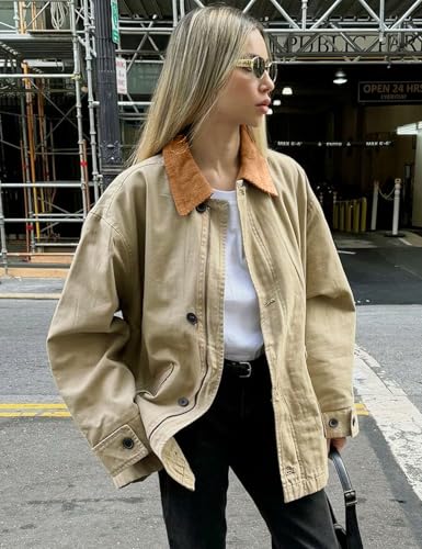 Kissonic Womens Oversized Barn Jacket Button Down Corduroy Lapel Collar Canvas Jacket Outwear2