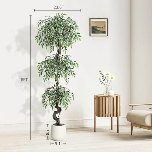 GarveeHome Artificial Ficus Tree for Home Decor Indoor,6FT Faux Floor Tree White Imitation Ceramic Planter, Indoor Outdoor Lifelike Fake Ficus Tree with Pebbles & Green Fake Moss for Office