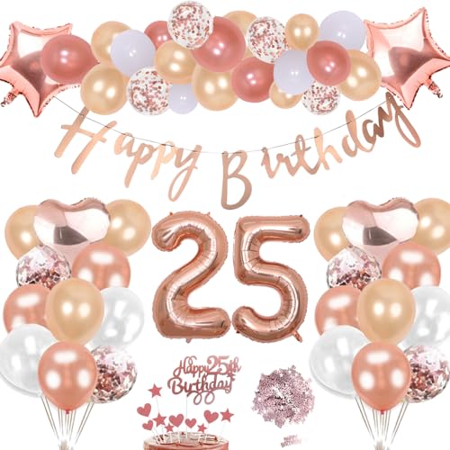 25 Cumpleaños Decoración Oro Rosa Kit Para Niña, Inflables Estrellas Corazón Numeros Gigantes Helio Globos Feliz Cumpleaños Decoración de la Torta Confeti Mesa Regalo Para 25 Años Mujer Hombre Fiesta