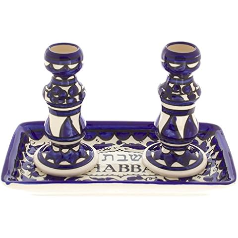 Armenian Ceramic Shabbat Candlesticks with Tray, Blue Flowers Design Cover