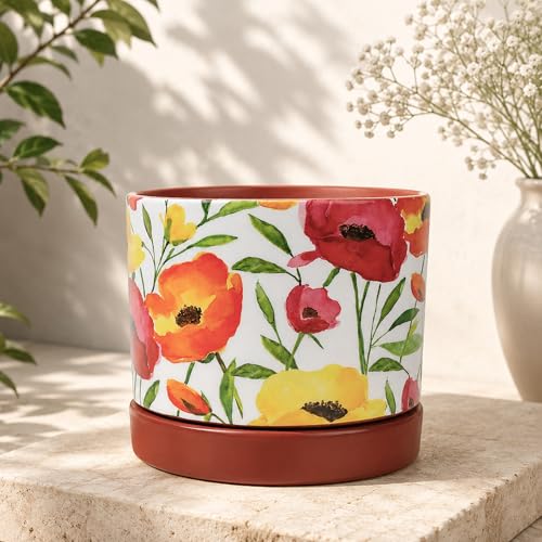Image of Habere India-All the Cultures Fabricating India Floral Poppy Print Terracotta Planter with Saucer | Hand Painted Indoor Plant Pot | Breathable Clay Pot with Drainage Hole (Multi: L11 x W11 x H10 cm)