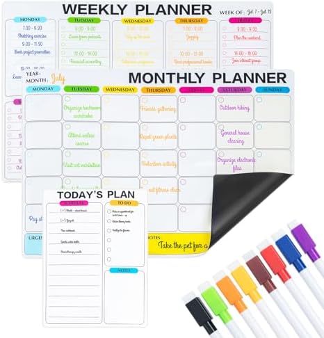 M&G Magnetic Dry Erase Calendar Set for Fridge, 3 Pack Planning Whiteboard with 10 Markers and Eraser, Monthly & Weekly & Daily Chore Chart for Refrigerator Wall Door