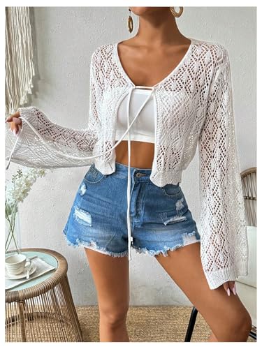 SweatyRocks Women's Tie Front Crop Cardigan Hollow Out Long Sleeve Lightweight Knit Tops3