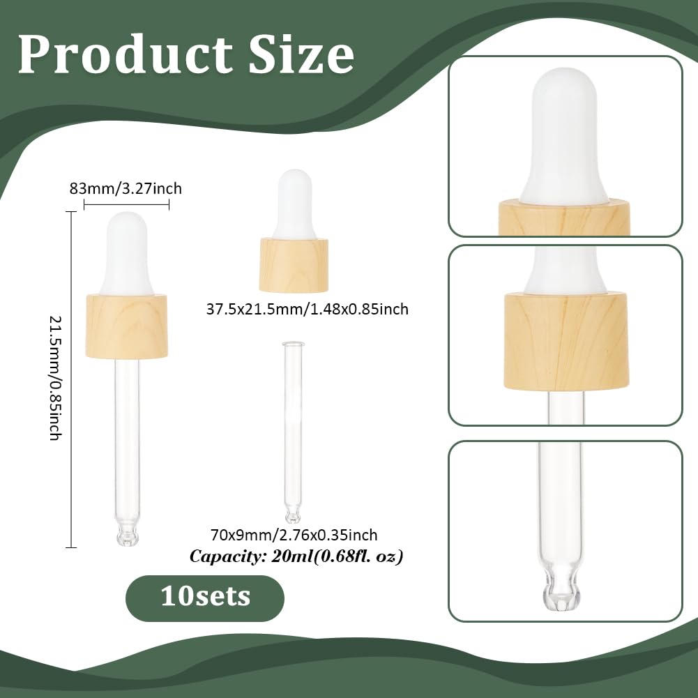 BENECREAT 10 set Contagocce In Vetro, Contagocce per Olio con Coperchio Rotante A Pressione Da 20 ml, Pipetta Contagocce In Vetro con Venature In Finto Legno per Flaconi di Olio Essenziale