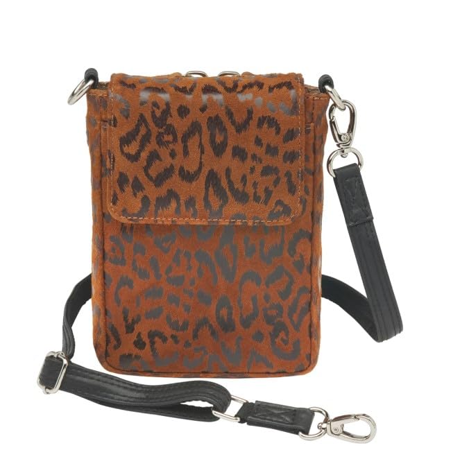 Gun Tote'n Mamas Crossbody Phone Pouch, Debossed Suede-Cheetah, Brown/Black