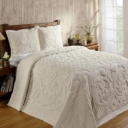 Better Trends Chenille Bedspreads King Size, Ivory 100% Cotton Chenille Medallion Design Tufted...