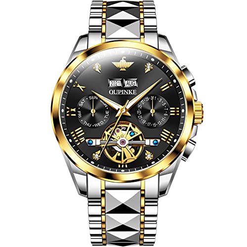 Image of OLEVS Mens Watches Skeleton Mechanical Black Watches for Men Wrist Watches Automatic Luxury Tungsten Steel Sapphire Crystal Waterproof Luminous Gold and Black