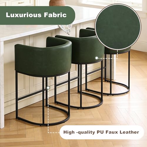 Image of 26 inch Counter Height Bar Stools Set of 3, Faux Leather Upholstered Barrel Chairs with Back and Arms, Metal Frame Kitchen Island Stools with Footrest, Forest Green