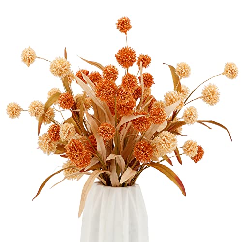 Wesail Artificial Bush Mini Ball Flowers, Faux Billy Button Thistle Globe Echinops Bouquet Floral, Fake Silk Greenery Plants For Home Diy Decor,A Pack Of 2,Apricot And Coral Gold #TOP8