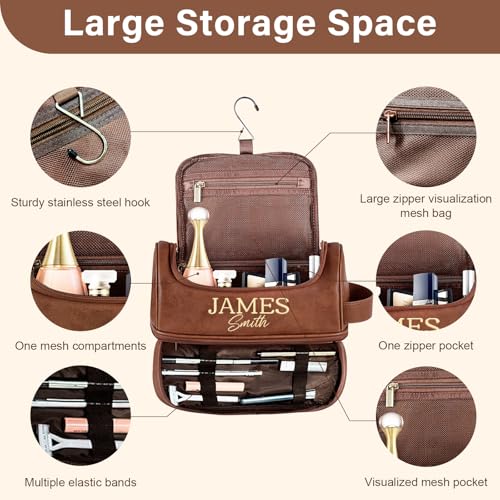 Personalized Toiletry Bag for Men, Custom Toiletries Shaving Bag Travel Pouch, Engraved Monogrammed Leather Cosmetic Hygiene Bag, Ideas Gifts for Men, Him, Dad, Husband, Boyfriend, Groomsmen, Birthday - Image 6