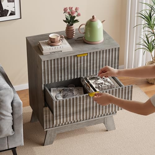 Image of Fluted Nightstand with 3 Large Drawers, Wooden Side End Table with Elevated Legs for Easy Cleaning, Sturdy Modern Beside Table for Small Space, Bedroom, Grey, 24 inch L