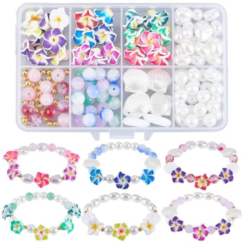 SUNNYCLUE 1 Box 174Pcs DIY 6 Sets Bracelet Making Kit Plumeria Flower Beads Polymer Clay Beads Summer Ocean Hawaiian Shell Bead Imitation Pearl Beads for Jewelry Making Kits Adult Women Gifts Supplies