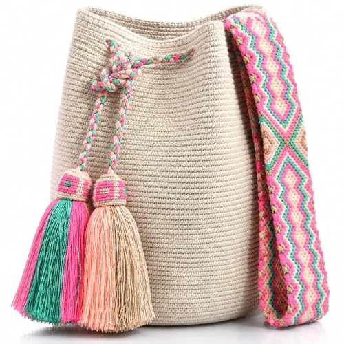 Image of WYOU Designer Wayuu Hand-Crochet Woven Summer Beach Bag for Everyday, Travel-Large Beachy Purse, Colorful Purses for Women