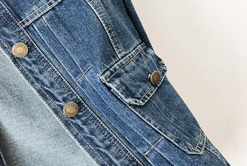 Women’s Collarless Long Sleeve Denim Jacket Round Neck Button Down Jean Jackets4