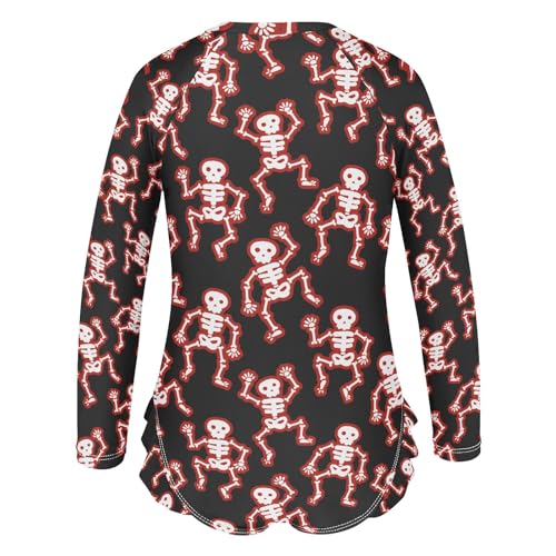 Funny Red Skulls Girls One Piece Rash Guard Swimsuit, Girls Long Sleeve Swimwear for 3-12Y3