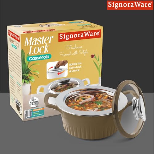 Image of SignoraWare Master Lock BPA Free Plastic Casserole | Inner Stainless Steel With Borosilicate Glass Lid | Perfect for Home, Kitchen & Gifting | Ideal for Storing & Serving Hot Meals (2 Ltr | Brown)