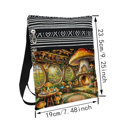 Mushroom House Messenger Bag Small Ethnic Pattern Printed Adjustable Strap Crossbody Zipper Pouch Mushroom House Phone Organizer Wallet Cute Shoulder Handbag for Women-22