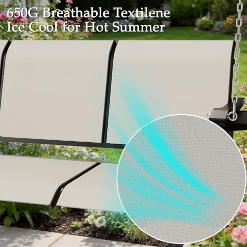 Image of HOMREST Textilene 3 Seat Porch Swing with Cup Holder, 5.3FT Patio Hanging Swing Bench, 700lbs Capacity Outdoor Porch Swing with Hanging Chains for Deck Garden Backyard (Beige)