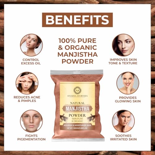 Image of Ayusoul Ayurveda Manjistha Powder for Skin Brightening & Natural Glow | 100% Pure and Natural Manjistha Root Powder | Ayurvedic Face Pack for Tan Removal, Blemish Control & Clear Skin | Herbal Skin Care for Men & Women- 100GM