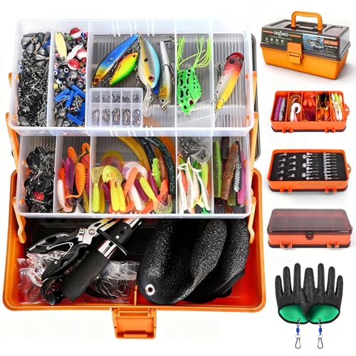 Large Fishing Tackle Box Kit with 3-Layer Organizer & Small