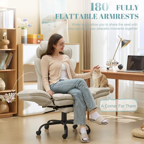 Image of Flip Armrests Criss Cross Office Chair, Reclining Office Chair with Foot Rest, Adjustable Headrest, Massage Waist Pillow, Cross Legged Big and Tall Desk Chair Wide Seat Vanity Chair, PU Leather Beige