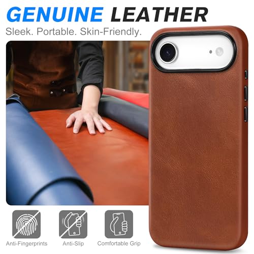 Image of SHIELDON Genuine Leather Case for iPhone Air 6.5 inch 2025, Retro Brown | Compatible with MagSafe, Magnetic Wireless Charging, Camera Button, Metal Buttons, Camera Bezel, Slim, Shockproof, Women Men