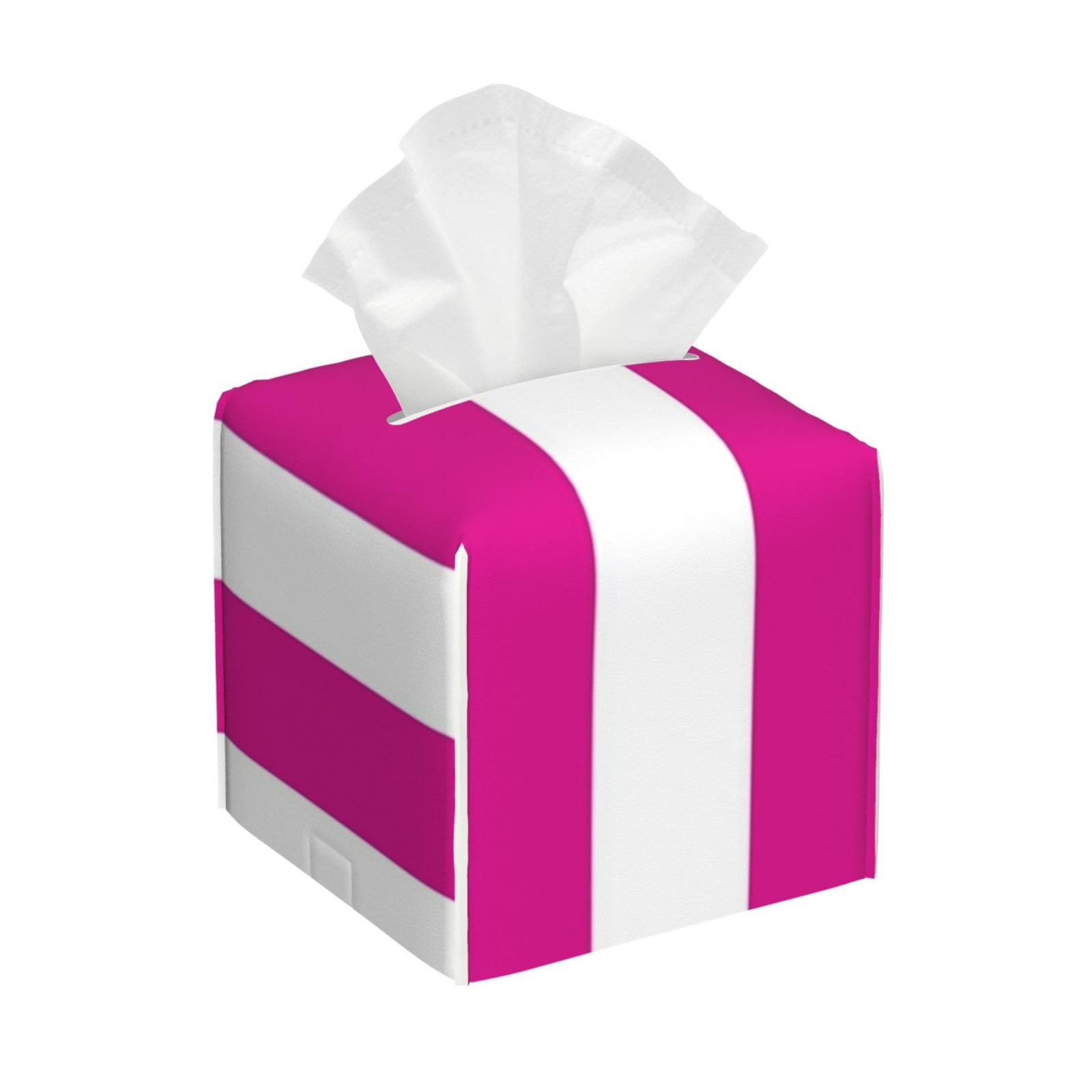 Pink and White Stripes Tissue Box Cover 5" Square Leather Tissue Holder Facial Tissue Case for Tabletop Bedroom Bathroom Desk Decor