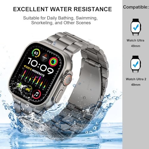 Image of HITZEE Compatible with Apple Watch Ultra Band 49mm Business Stainless Steel Metal Strap Men Women Link Bands Compatible for Apple Watch Ultra 3 /2 /1, 49mm Titanium