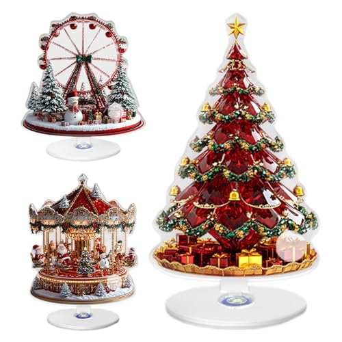 3 Peças Decorações de Natal Noria Navidad Movimento, Carrusel de Natal Decoração de Natal Acrílico Plano 2D, Vila Natalícia Com Base Giratória de 360°, Árvore Enfeites de Natal