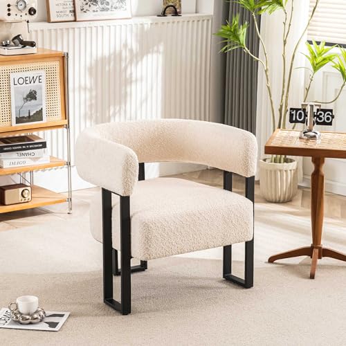 YOUNIKE Accent Chair Beige Upholstered Teddy Velvet Single Sofa Modern Corner Round Padded Armrest Club Boucle Armchair for Living Room Bedroom Office Hotel Lounge Nursery Apartment Black Metal Stand