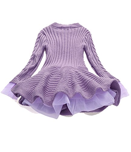 Girls Ruffle Sweater Long Sleeves Tutu Dresses Stitching Knitting Pullover Tops for Kids (Purple,140)2