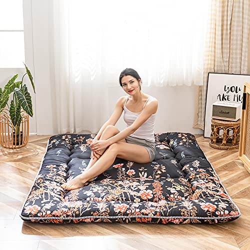 MAXYOYO Japanese Floor Mattress Futon Mattress, Thicken Tatami Mat Sleeping Pad Foldable Roll Up Mattress Dormitory Mattress Pad Floor Lounger Pillow Bed (Black Floral, Double)