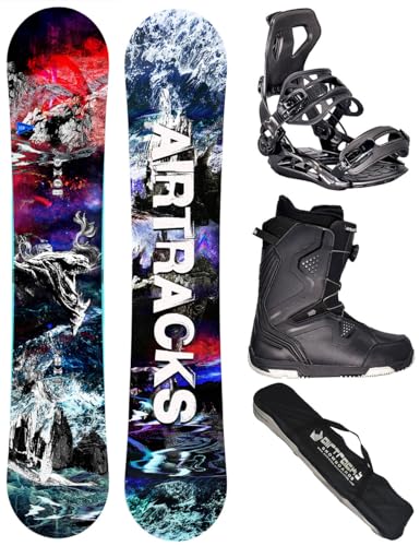 Airtracks Herren Snowboard Set - Fantasy Carbon Flat Zero Rocker Snowboard Freestyle Freeride Wide 158 - Softbindung Master - Softboots Strong ATOP 44 - SB Bag