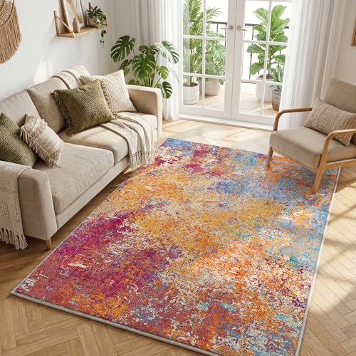 Klyvvo Abstrait Tapis de Salon 160x230 cm, Coloré Tapis Chambre, Lavable en Machine, Faible Poil Antidérapant pour Salle à Manger, Bureau, Cuisine, Chambre