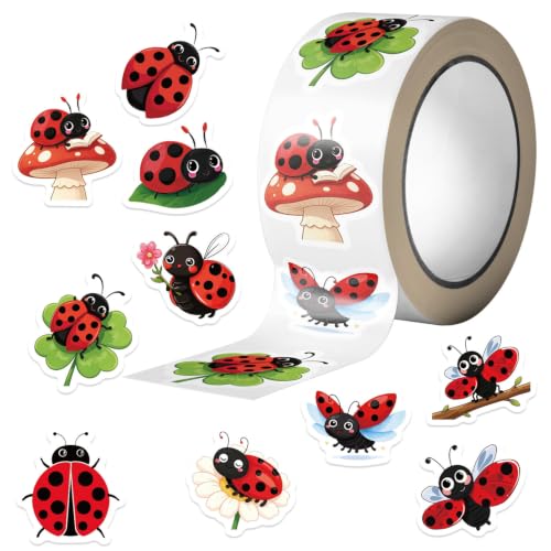 500Pcs Cute Round Cartoon Ladybug Vinyl Stickers Roll, Daisy Mushroom Clover Branch Pattern Waterproof Decals for Water Bottle Laptop Journal Scrapbooking Tumbler Kids DIY Craft Gift Packaging Decor