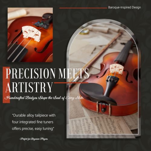 Image of AKLOT Handcrafted Full Size Violin: Solid Wood Matte Fiddle, Acoustic Beginner 4 /4 Violin Kit with Hard Case, Lesson Book, Bow, Shoulder Rest, Extra Strings, Tuner, Fretboard Stickers (VRT-AmiCS)
